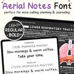 Pode incluir: A fonte Aerial Notes está disponível nos formatos OTF e TTF, com pesos Light, Regular e Bold. A imagem mostra a fonte aplicada em tablets digitais, incluindo frases como Little moments matter e Slow mornings e um diagrama anatômico.