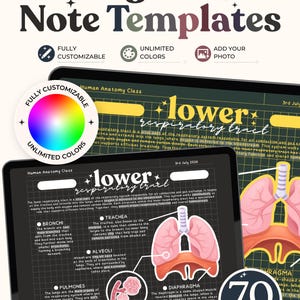 May include: Digital note templates for human anatomy class featuring a dark grid background with white text and illustrations of the lower respiratory tract including the trachea, bronchi, alveoli, lungs, and diaphragm with labels and descriptions.