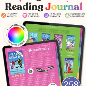 May include: A digital reading journal displayed on two tablets. The interface features a library view with book covers and a review page for the book Heated Rivalry. Text includes Digital Reading Journal, My Library, and 258 Unique Stickers.