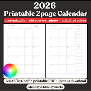 Puede incluir: Calendario imprimible de dos páginas de 2026 con fondo blanco. El calendario incluye el mes de enero, con espacio para tareas y notas. El texto incluye "personalizable", "añade tu propia foto" y "colores ilimitados".