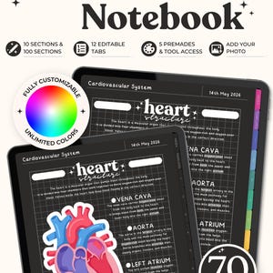 May include: A digital customizable notebook featuring a cardiovascular system study page with a heart diagram, grid background, and text labels. Includes 10 sections, 12 editable tabs, 5 premade tools, photo upload options, and 70 total templates.