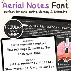 Può includere: Una visualizzazione digitale del font Aerial Notes nei formati OTF e TTF. Lo schermo mostra esempi di testo in pesi condensato e regolare, incluse le frasi Little moments matter, Slow mornings & warm coffee e Take your time.
