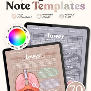 May include: Digital note templates displayed on two tablet screens showing human anatomy class notes on the lower respiratory tract. The notes include diagrams of lungs, trachea, and alveoli with text labels, a colour wheel icon, and 70 templates text.