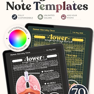 May include: Digital note templates for tablets featuring a human anatomy class lesson on the lower respiratory tract. The layout includes a grid background, text sections for trachea and alveoli, and a diagram of the lungs and diaphragm.