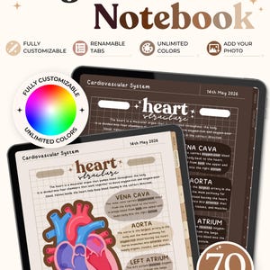 Op de afbeelding: Een digitaal notitieboek met studiesjablonen voor het cardiovasculaire systeem. Het scherm toont een pagina met rasterlijnen, de titel heart structure, tekst over anatomie en een kleurrijke illustratie van een menselijk hart. Bevat 70 sjablonen.