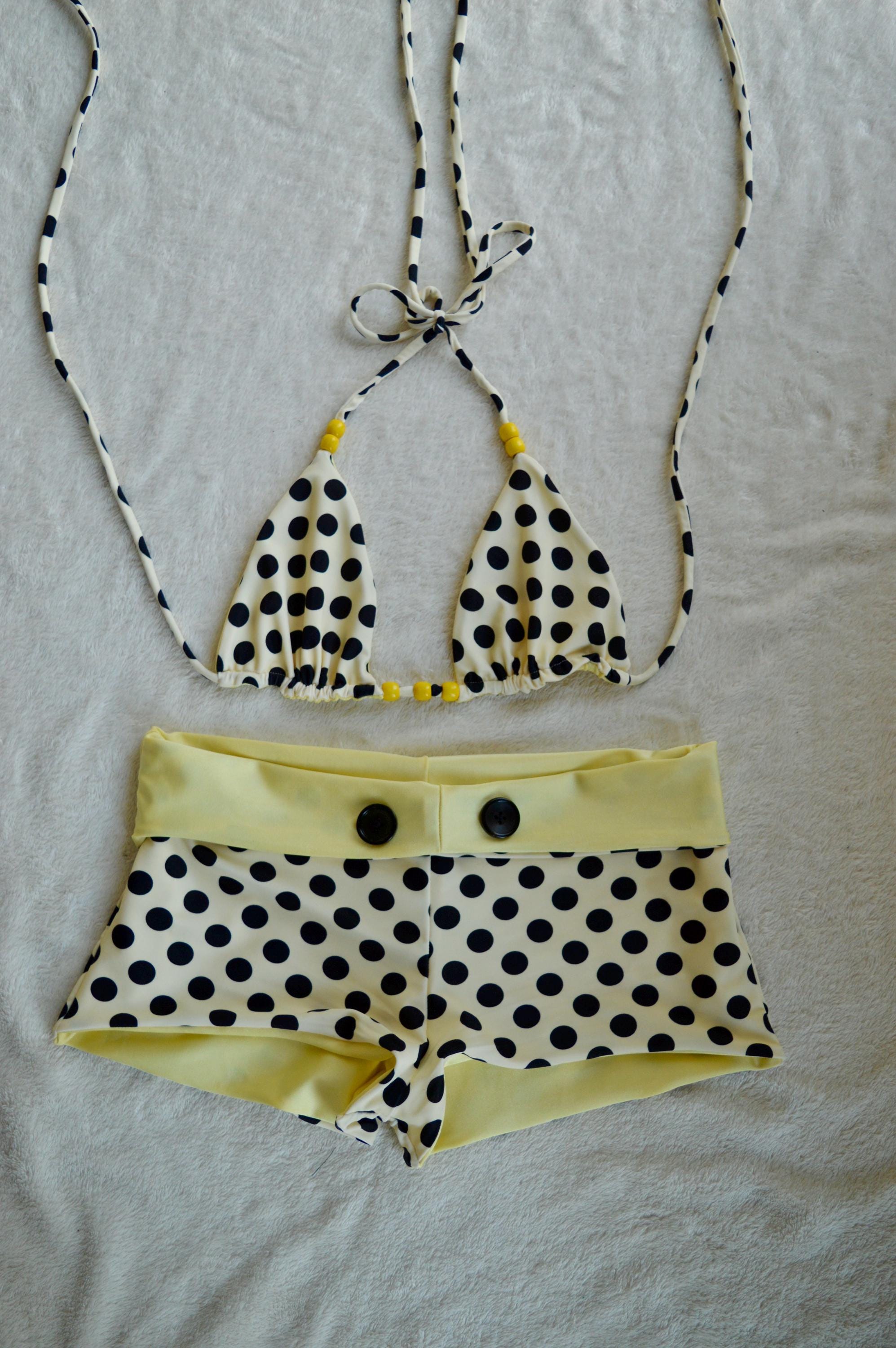 Polka Dot Bikini Set | Yellow Foldover Shorts, Triangle Tie Top