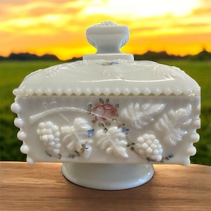 Vintage Westmoreland Hand Painted Milk Glass Beaded Grape Candy Dish