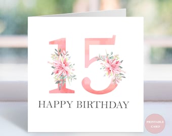 Cartão floral em aquarela para festa de 15 anos | 15º aniversário, em espanhol ou inglês | Download digital (PDF/JPG)