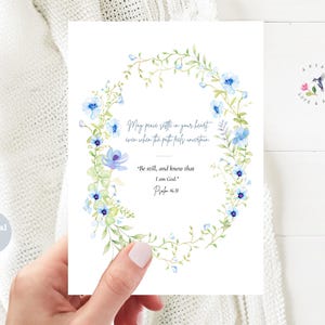 Afdrukbare christelijke aanmoedigingskaart – Psalm 46:10 – wees stil en weet – digitale kaart geloof – vrede en comfort – 5 x 7