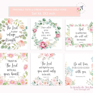 Può includere: Set di sei biglietti stampabili di 7,6 x 7,6 cm con disegni floreali e versetti biblici ispiratori. Ogni biglietto presenta un versetto diverso in elegante scrittura, circondato da fiori ad acquerello rosa, pesca e verdi.