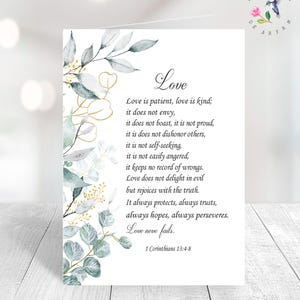 Christliche Liebe Karte zum Ausdrucken | Bibel Vers 1 Korinther 13:4-8 | Liebe ist geduldig Liebe ist gütig | Hochzeit Jahrestag Karte