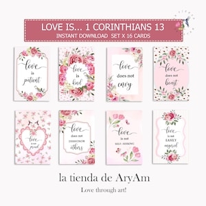 Juego de 16 tarjetas de amor, etiquetas con versículos bíblicos "El amor es", etiquetas de 1 Corintios 13, etiquetas con versículos bíblicos "El amor es", tarjetas con versículos bíblicos "El amor es", etiquetas imprimibles de San Valentín