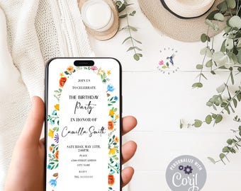 Wildflower Birthday Invitation Template Editable Floral Digital Download