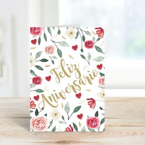 Tarjeta de Feliz Aniversario imprimible, tarjeta de flores de Feliz Aniversario en español, regalo de aniversario para esposa, para novia, descarga instantánea