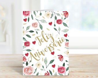 Tarjeta de Feliz Aniversario imprimible, tarjeta de flores de Feliz Aniversario en español, regalo de aniversario para esposa, para novia, descarga instantánea