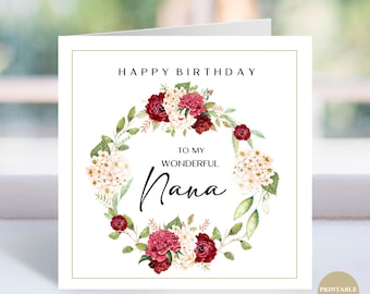 Printable Birthday Card for Nana – Floral Watercolor Digital Download
