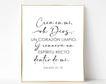 Spanish bible verse, Salmo 51:10 , Spanish Psalm 51 10, Printable,  Spanish Bible Verse, Spanish Wall Art