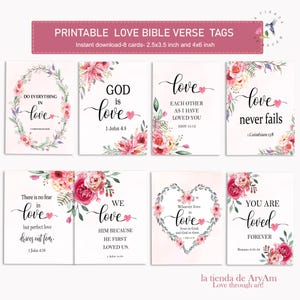 Juego de 8 tarjetas imprimibles para San Valentín, versículos bíblicos de amor, amor de Dios, etiquetas con versículos bíblicos, tarjetas de San Valentín con versículos bíblicos.