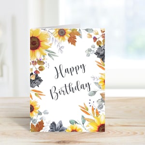 Cartão de aniversário de girassol para imprimir, cartão de aniversário para ela, feliz aniversário, para imprimir, download instantâneo, mãe, irmã, esposa, avó