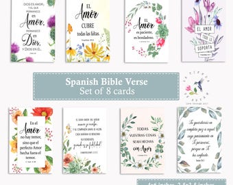 May include: Set of eight printable Spanish Bible verse cards featuring watercolor floral designs. Each card includes a different verse and is 4x6 inches.