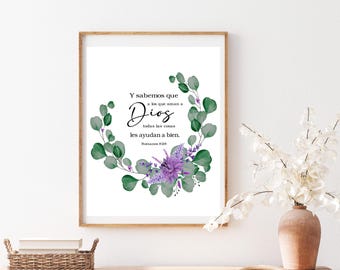 Spanish Bible Verse Print, Romanos 8:28, Floral Wreath (Digital Download)