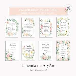 Peut inclure: Huit étiquettes de Pâques avec des versets bibliques, des motifs floraux et des citations inspirantes. Les étiquettes sont rectangulaires avec un fond blanc. Le texte comprend "Il est ressuscité" et "Je suis la Résurrection et la Vie."