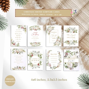 Puede incluir: Juego de ocho tarjetas navideñas con versículos bíblicos y diseños florales de invierno. Cada tarjeta presenta un versículo bíblico y arreglos florales en blanco, rojo y verde. Las tarjetas están disponibles en 10,16 x 15,24 cm y 6,35 x 8,89 cm.