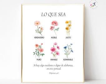Spanish Philippians 4:8 Printable – Bible Verse Wall Art, Floral Christian Poster, Bible Quote Download