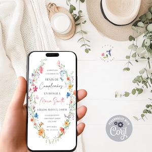 Faire-part d'anniversaire espagnol fleurs sauvages, Invitacion cumpleanos, modèle modifiable