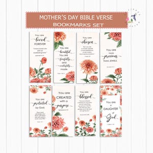 Op de afbeelding: Een set bladwijzers met bijbelteksten voor Moederdag. Elke bladwijzer heeft een bloemenontwerp met een inspirerende quote. De tekst bevat zinnen als "Je bent voor altijd geliefd" en "Je bent mooi."