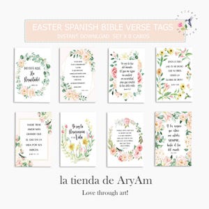 May include: Set of eight Easter Spanish Bible verse tags. Each card features a floral design with a different Bible verse. The cards are decorated with pastel colors and include the text "Easter Spanish Bible Verse Tags" and "Instant Download Set x 8 Cards."