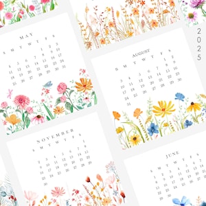 Printable 2025 Mini Calendar 4x4 inches, Wildflowers calendar 2025, monthly calendar, 2025 desk calendar, Watercolor floral Mini Calendar