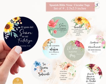 Spanish set x10 Bible Verse tags, Scripture art tags, Printable 1 + 1.2 + 1.5 inch size, Circle Images for Round Pendants , collage sheet