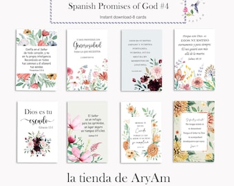 May include: A set of eight Spanish-language cards featuring floral designs and inspirational quotes from the Bible. Each card has a unique floral border in shades of pink, orange, and burgundy. The cards are labeled "Spanish Promises of God #4".