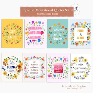 Könnte beinhalten: Ein Set aus acht spanischen Motivationskarten. Jede Karte zeigt ein florales Kranzdesign mit bunten Blumen und Text. Die Karten haben eine Vielzahl von Hintergrundfarben, darunter Gelb, Rosa und Blau. Der Text enthält Sätze wie "Cree en ti" und "Elige ser feliz."