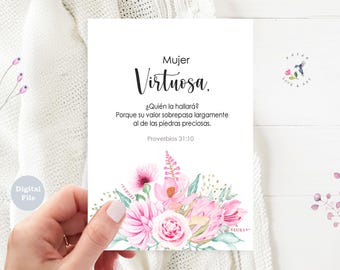 Verset de la Bible espagnol imprimable Proverbes 31:10, cadeau chrétien floral femme vertueuse