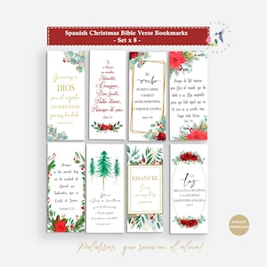 May include: Set of eight Spanish Christmas Bible verse bookmarks. Each bookmark features a unique design with festive floral accents, gold lettering, and inspirational quotes. The bookmarks are rectangular and include the text "Spanish Christmas Bible Verse Bookmarks - Set x 8 -."