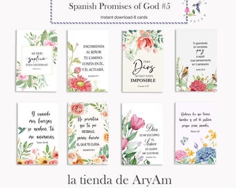 May include: A set of eight printable cards with floral designs and Spanish text, titled "Spanish Promises of God #5." Each card features inspirational quotes and verses, with watercolor flowers and greenery. The cards are designed for instant download.