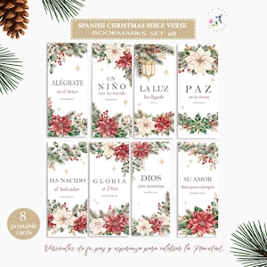 May include: A set of eight rectangular bookmarks featuring Spanish Christmas Bible verses. Each bookmark displays watercolor illustrations of red and white poinsettias, pine branches, and berries, with gold star accents and elegant typography.