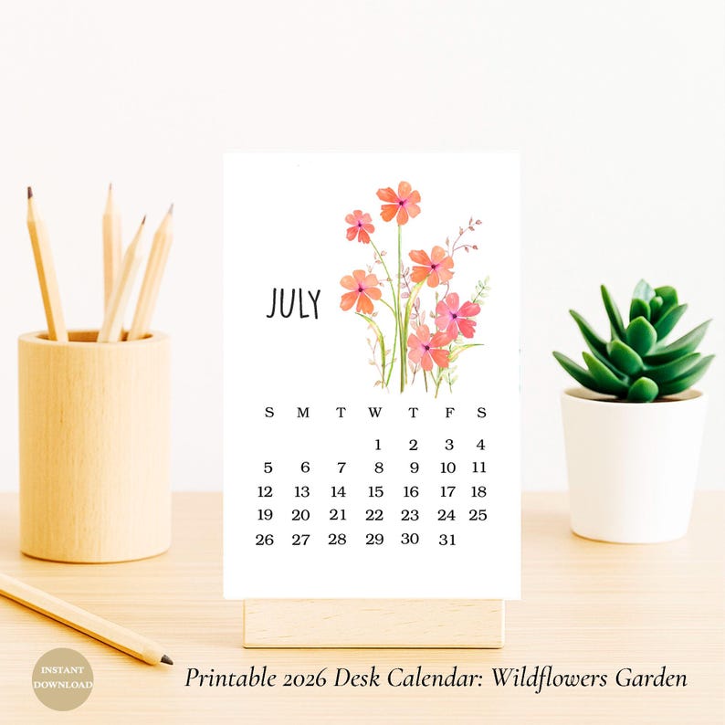 Wildflower 2026 Calendar: Watercolor Monthly Desk Planner (PDF Download ...