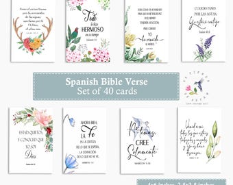 May include: Set of 40 Spanish Bible verse cards. Each card features a floral design and a verse in Spanish. The cards are 4x6 inches and 2.5x3.5 inches.