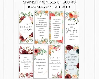 May include: Set of eight rectangular bookmarks with floral designs and Spanish text. Each bookmark features a different Bible verse and is decorated with flowers in shades of red, pink, and yellow. The text includes the title "Spanish Promises of God #3".