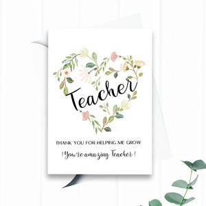 Remerciement du professeur, carte de remerciement de m'avoir aidé à grandir, coeur de fleurs de remerciement, PDF imprimable, cadeau de fête pour le professeur, téléchargement immédiat