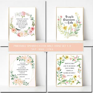 May include: Set of four framed prints featuring Spanish Easter Bible verses. Each print has floral and botanical designs in pastel colors. The prints are in gold frames and include text from the Bible. The set includes sizes 5x7, 8x10, and 11x14 inches.