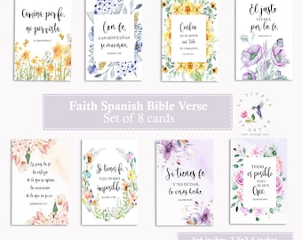 May include: Set of eight faith-themed cards with Spanish Bible verses. Each card features floral watercolor designs and calligraphy. The cards are 4x6 inches and 2.5x3.5 inches.