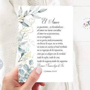 Peut inclure: Une carte blanche avec le texte "El Amor", un poème espagnol sur l'amour, ornée de feuilles d'eucalyptus à l'aquarelle et d'accents dorés. Les mots "Digital File" sont également visibles.