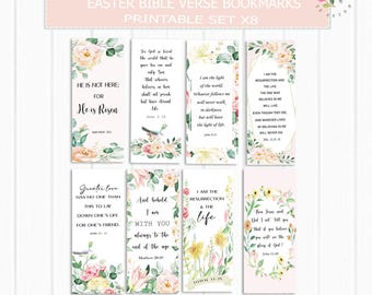 May include: Set of eight Easter Bible verse bookmarks with floral and watercolor designs. Each bookmark features a different verse, with soft pastel colors and elegant typography. The bookmarks are perfect for Easter gifts or personal use.