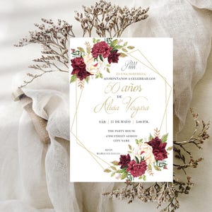 Spanish Birthday Invitation, Burgundy Flowers Spanish Invitation, Any Age Spanish Birthday Invitation, Editable
