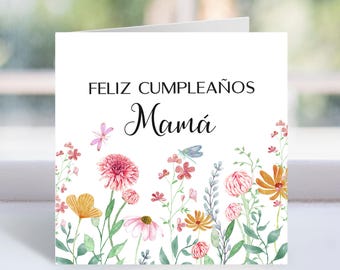 Feliz Cumpleaños Mamá, Wildflowers and Dragonfly Birthday Card, Watercolor Floral, Instant Download, Spanish Greeting Card, Mother