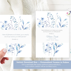 May include: Two white rectangular cards featuring blue watercolour floral illustrations at the top and bottom. The text reads: Antes de formarte en el vientre, ya te conocía; antes de que nacieras, ya te había apartado. Jeremías 1:5. One card includes Mateo Smith, Octubre 19, 2024, 11:30 pm, 54 cm, 3500 g.